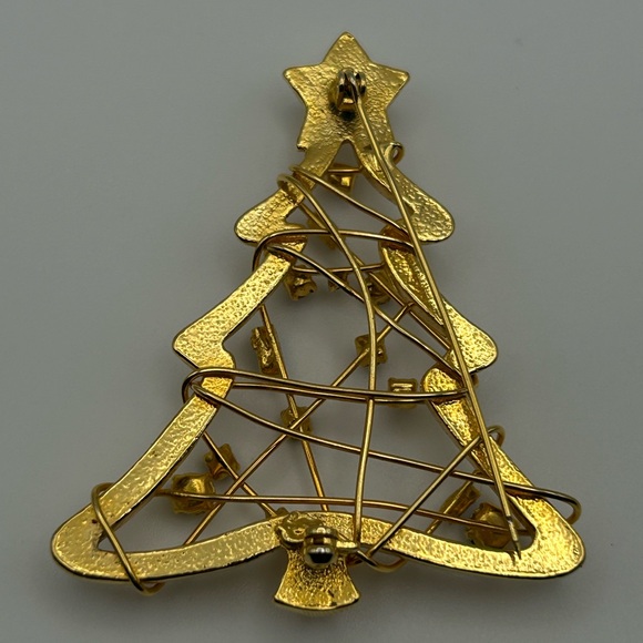 Statement Modernist Rhinestone Gold Tone Christmas Tree Holiday Brooch Pin - Picture 2 of 4